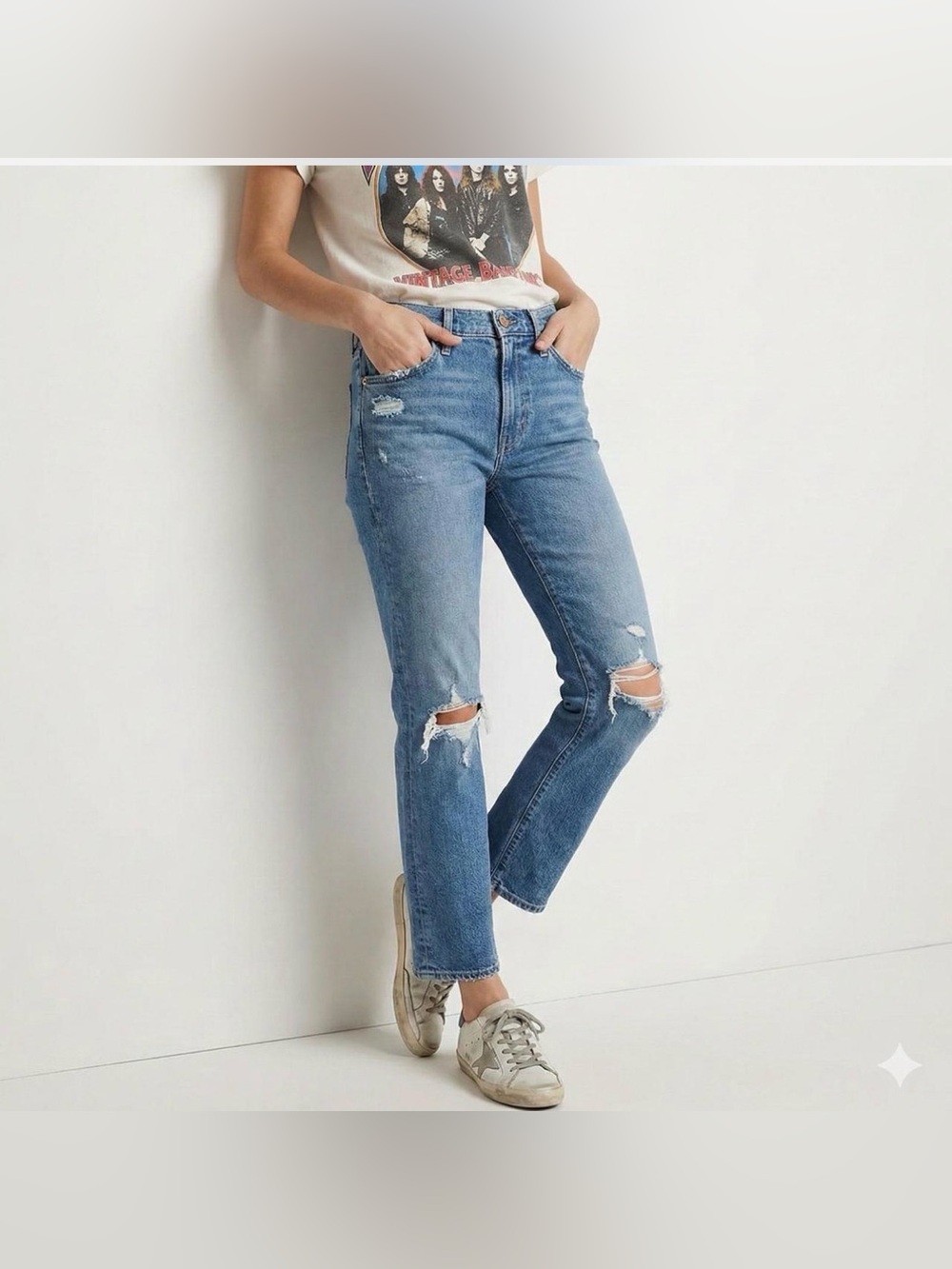 MOTHER Straight-Leg Ripped Jeans in Medium Blue